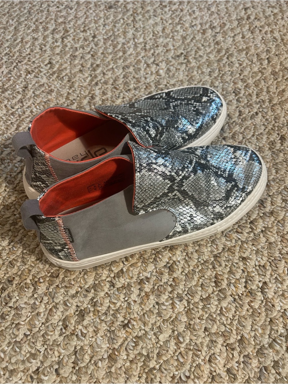 Slip-On Hey Dudes in Gray Snake Print with Orange Lining